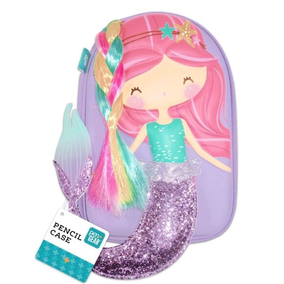 3D Purple Glitter Mermaid Zipper Pencil Case With Colorful Hair Sequin Tail NEW - Picture 1 of 7
